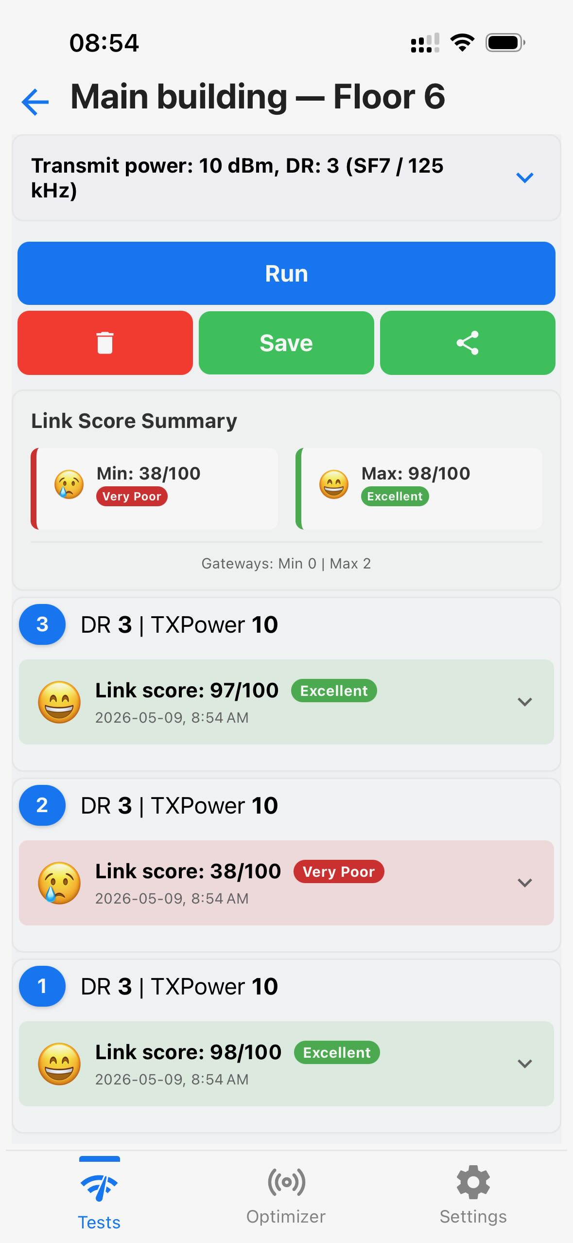 Loptimizer indoor test summary screen