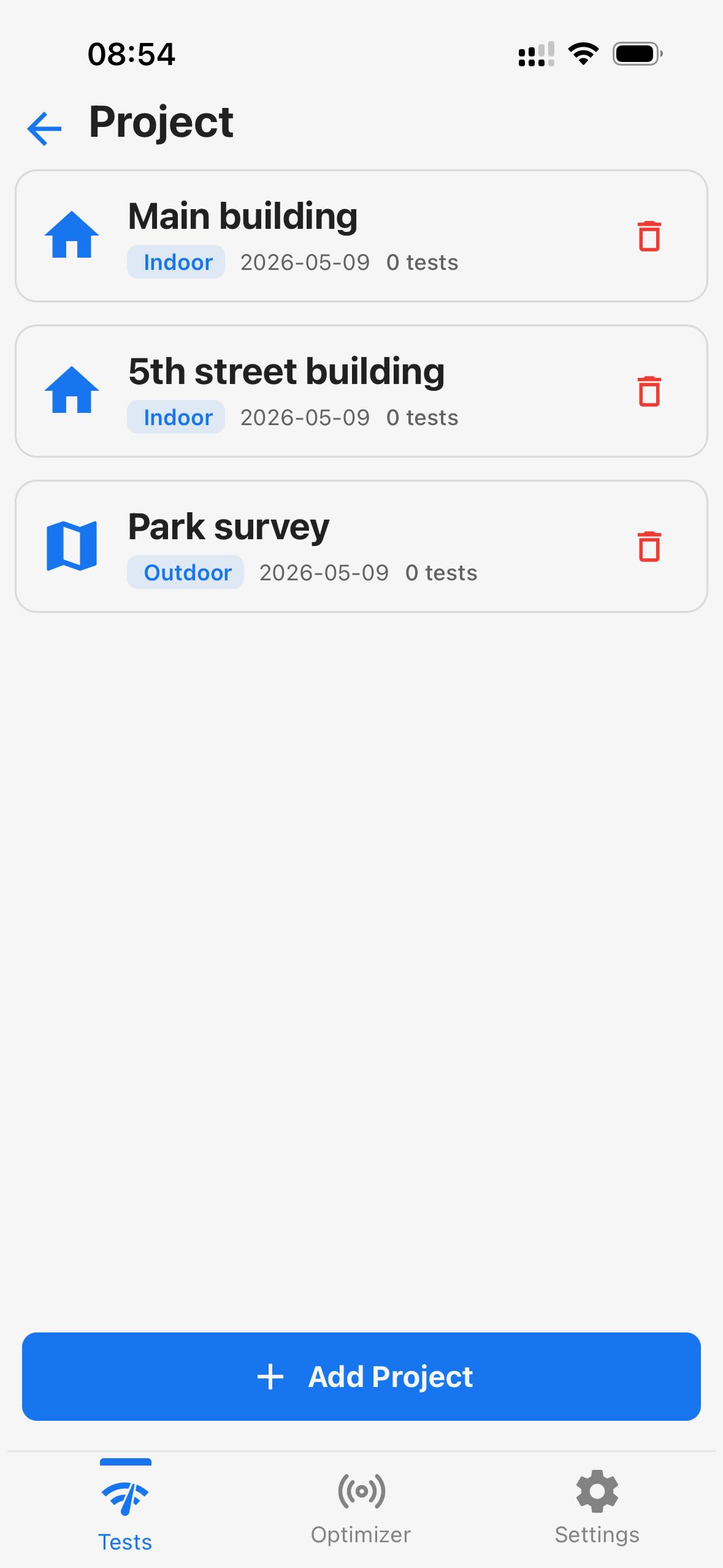 Loptimizer project list screen